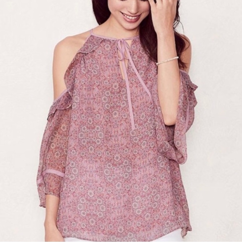 LC Lauren Conrad Pink Cold-Shoulder Ruffle Blouse